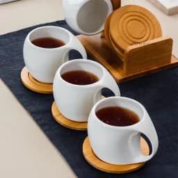 Simple Ceramic Tea Pot Set 190ml Tea Cup, Coffee Cup, Three-dimensional Bamboo and Wood Support, Striped Anti-skid Coaster