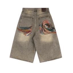 Masked Goddess Embroidered Flowered Jens Shorts for Men and Women High Street Washed Baggy Casual Five Point Denim Pants