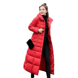 Winter Women Long Parkas Solid Colo Neck Hooded Cotton Jacket Pockets Windproof Zipper Closure Padded Outwear