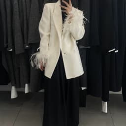 OFTBUY Women's 100% Wool Blazer Feather Cuff Double Breasted Suit Jacket Elegant Winter Warm Coat Casual Office Lady Outerwear