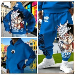 One Piece Luffy Gear 5 Hoodie Pants Set Red Cotton Tracksuit with Character Print on Hoodie Front Pant Side Loose Fit Two Piece