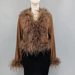 Women See-Through Top with Real Ostrich Feather Brown Black Cropped Jacket Top Bolero 240711