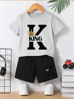 Boys' 2-Piece T-shirt & Shorts Set, KING Crown Print, soft breathable, casual for daily and outdoor wear Can you provide more co