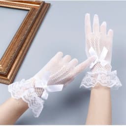 New 1pair Bride Stretchy Fishnet Lace Gloves Five-finger Hollowout Gloves with Lace Bow Tie Pearls Lolita Gloves Wedding