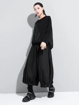 [EAM] High Elastic Waist Black Pleated Split Wide Leg Trousers New Loose Fit Pants Women Fashion Tide Spring Autumn 2026 1DA618