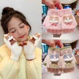 Korean Cute Kids Cartoon Cat Bow Flip Plush Mittens 6-12 Years Old Children Winter Warm Convertible Half Finger Writing Gloves