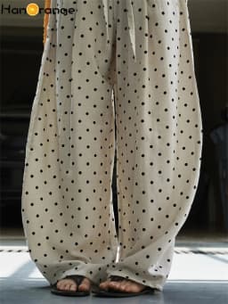 HanOrange 2026 Summer Retro Lazy Linen Polka Dot Wide Leg Pants Women High Waist Hanging Feeling Pants Black/Khaki