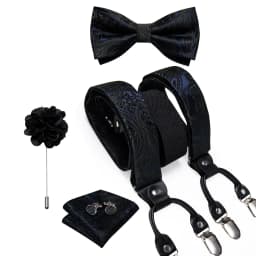 Luxury White Men's Suspenders Adjustable 6 Clips Braces DiBanGu Leather Metal Pre-Tied Bow Tie Brooch Pocket Square Set