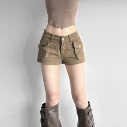 Retro Street Style Pocket Splicing Jeans Women's 2026 Summer Khaki Low-rise Tooling Shorts