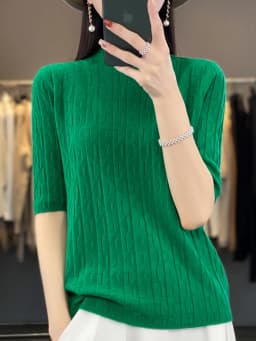 Women New Soft Diamond Letter Design Sweater Half-high Collar Three Quarter Sleeve Pullover Spring Summer Casual Knit Slim Top
