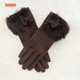 Winter Female Suede Leather Bow Plush Wrist Mitten Women Thick Plus Plush Windproof Warm Touch Screen Driving Gloves J22