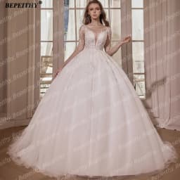 BEPEITHY Customized A Line Glitter Full Sleeves Wedding Dresses 2026 O Neck Court Train Illusion Bride Ivory Beading Bridal Gown
