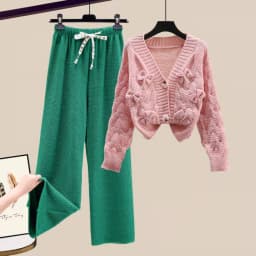 Two Piece Set For Women New In Sweater Matching Sets Korean Sweet Bow Outfit Long Sleeve Cardigan Knitwear Wide Leg Pants Set