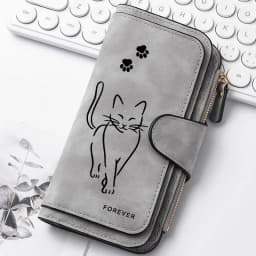 Featuring a cat motif this women's long wallet offers multiple card slots a coin pocket and a cell phone pouch A perfect gift