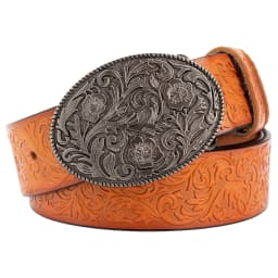 Tang Grass Pattern Embossed Leather Belt Fashion for Men Youth