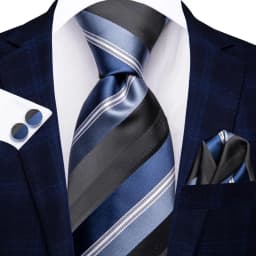 Hi-Tie Navy Blue Striped Silk Wedding Tie For Men Fashion Design Gift Men Necktie Hanky Cufflink Set Business Party Dropshiping