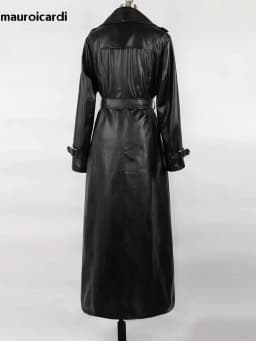 Mauroicardi Spring Autumn Waterproof Black Soft Pu Leather Trench Coat for Women Belt Double Breasted Floor Length Overcoat 2025