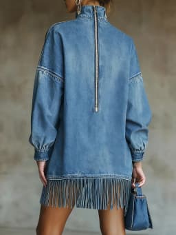 Denim Vintage Dresses Women Half High Collar Solid Color Tassel Hem Dress Fashion Long Sleeve Pocket Loose Sweatshirt Dress