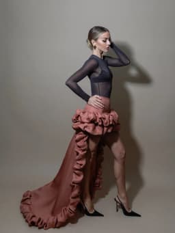 Dusty Rose High Waist Formal Maxi Skirt 3D Ruffled Trim High Low Skirt Long Train Evening Party Runway Photoshoot Skirts Women