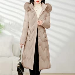 Winter Long Slim Fit down Cotton Jacket Women's Knee-Length Removable Sleeve Fur Collar Warm Thickened Zipper Closure Coat