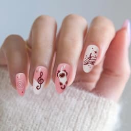 30pcs Sweet Pink Almond False Nails Cartoon Cat Music Note Polka Dot Butterfly Pattern Press On Nails French Style Manicure Art