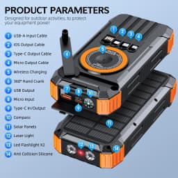 Hand Crank Generator Solar Power Bank High Capacity, Wireless Charger with 4 Built-in Cables, , LED Light for Outdoor Emergency