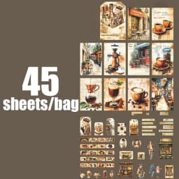 45pcs/bag Coffee-Themed Handmade Stationery Set Retro-Style DIY Decorative Materials for Albums Greeting Cards Envelopes Journal