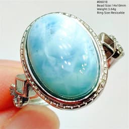 Natural Blue Larimar Adjustable Ring 925 Sterling Silver Larimar Gemstone Women Men Water Pattern AAAAA