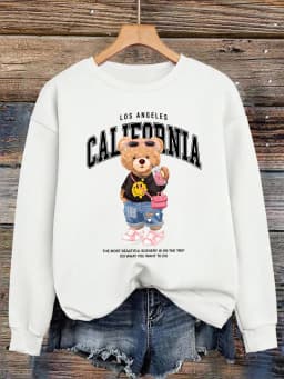 Little Bear Drinking Milk Tea Printed Women Pullover O-Neck Loose Streetwear Casual Autumn Clothes Fleece All-Match Sweatshirt