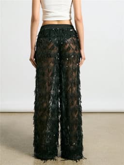 Glitter Sequin Fringe Mesh See Through Wide Leg Pants Elastic Waist Drawstring Sheer Palazzo Trousers Beach Party Club Cover Up