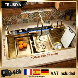 Modern Stainless Steel Kitchen Sink Multifunctional Sinks Waterfall Golden Large Single Slot Digital Display Washing Basin