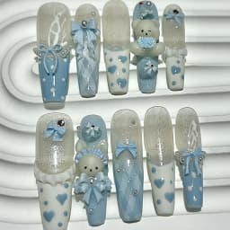 10PCS Cute 3D Bow Teddy Bear Pink French Handmade Press On Nails Lolita Kawaii Bunny Long Fake Nails Pearls Glitter Nail Art