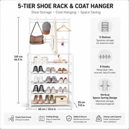 White5 Tier Shoe Rack with Hooks, Space Saving Entryway Organizer for Shoes, Bags, Hats, Closet & Bedroom