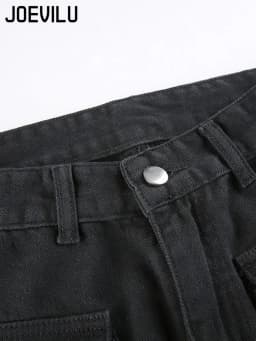Metal Button High Waisted Straight Leg Jeans Drop Crotch Trousers Streetwear Hip Hop Fashion Y2K Cargo Denim Pants for Women
