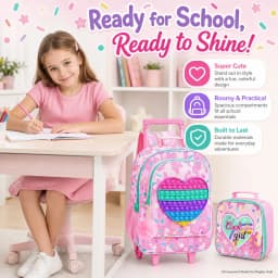 3Pcs Rainbow Heart Kids Rolling Backpack Set Girls Trolley School Bag with Lunch Bag & Pencil Case