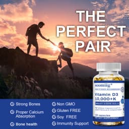 Vitamin D3 10000 IU + K2 Mk7 Capsules 120pcs for Bone, Heart Health & Immune Support, Non-GMO, Vegan, Enhanced Absorption