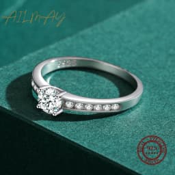 Ailmay Authentic 925 Sterling Silver Classic Simple Round Shape High Quality CZ Rings For Women Wedding Statement Jewelry Gift