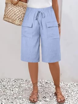 2026 New Summer Autumn Knee Length Drawstring Elastic High Waist Short Style Women's Pockets Casual Solid Color Shorts Pants