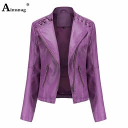 Yellow Red Faux Pu Leather Jackets 2025 Spring Autumn Fashion Zip up Top Outerwear Lady Basic Coats Plus Size Female Jackets New