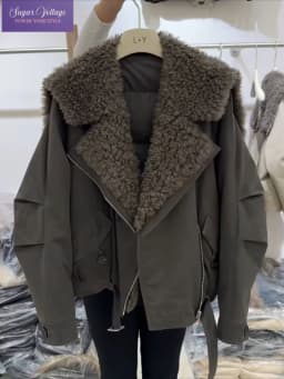 Women Warm Wool Perm Oversized Thick Coat Winter Fashion Faux Fur Collar Padded Jacket Drawstring Waist Streetwear Chic Tops