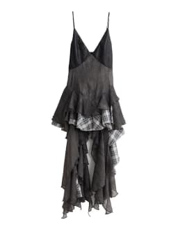 [EAM] Women Gray Plaid Ruffles Irregular Spaghetti Strap Dress New V-Neck Sleeveless Fashion Tide Spring Autumn 2026 1DJ3758