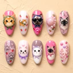30pcs Sweet Pink Almond False Nails Cartoon Cat Music Note Polka Dot Butterfly Pattern Press On Nails French Style Manicure Art