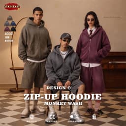 ZODF Retro Winter 400gsm Monkey Washed Fleece Zipper Hoodie Unisex Boxyfit Distressed High Street Hooded Jackets Outwears HY1330