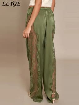 Casual Lace Satin Patchwork Pants Women See Through High Waist Lace Up Straight Trousers 2026 Spring Lady Solid Chic Trouser