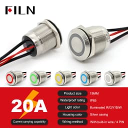 High Current 19mm 22mm 20A 12V 24V 110V 220V IP68 Waterproof Flat Ring Round Push Button Switch Metal Stainless Steel 20cm Wire