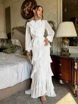Elegant Solid Layered Ruffle Long Dress Women O Neck Long Sleeve Belt Chiffon Maxi Dress Autumn Wedding Guest Evening Party Robe