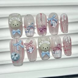10PCS Cute 3D Bow Teddy Bear Pink French Handmade Press On Nails Lolita Kawaii Bunny Long Fake Nails Pearls Glitter Nail Art