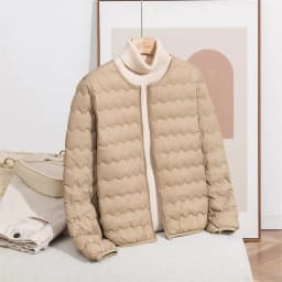 LANMREM Women Crew Neck Lightweight Short Down Jacket Wave Quilted Zipper Closure Portable Inner Wear Puffer Outerwear Coat