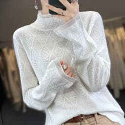 Women's Fine Wool Silk Sweater, Lace Half-High Collar, Lotus Leaf Sleeve Pullover, Bottoming Shirt, Knitting Tops Spring, Autumn