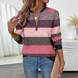 Casual Zipper Hoodie with Regular Fit Mid Length Japanese Korean Casual Digital Print Long Sleeve Striped Spring Women Hoodie